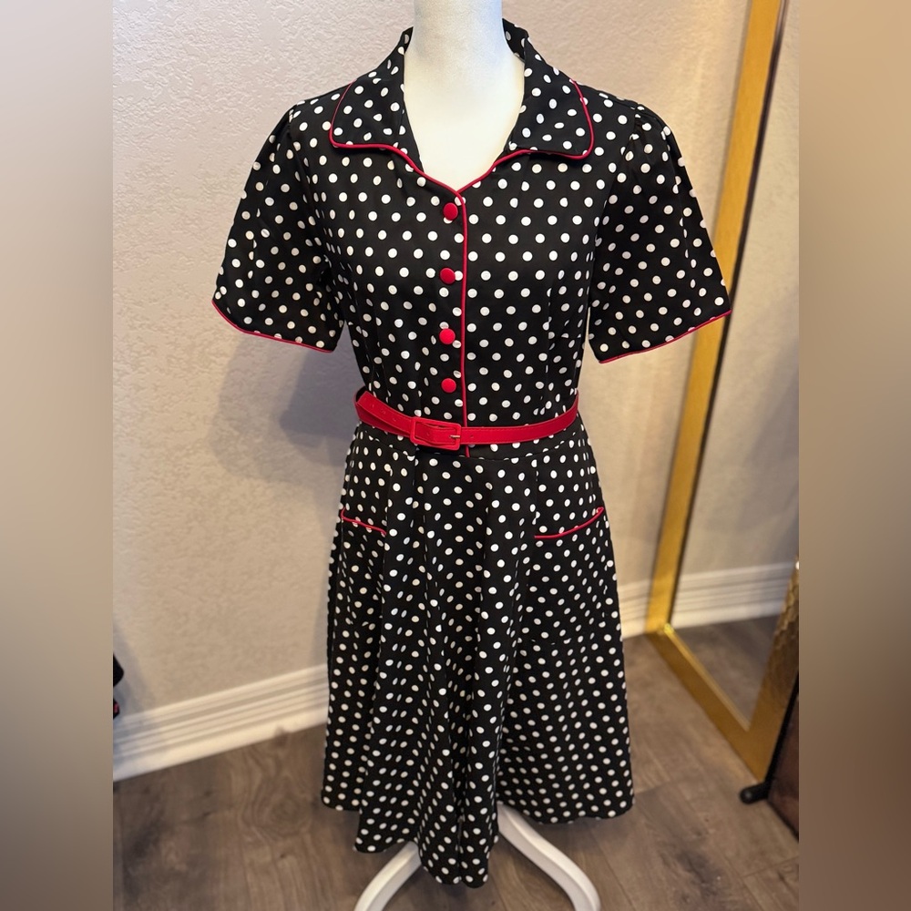 Polka Dot Midi Dress with Red Accents